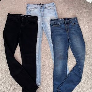 3 pair of hollister high rise super skinny jeans: light wash, dark wash, & black